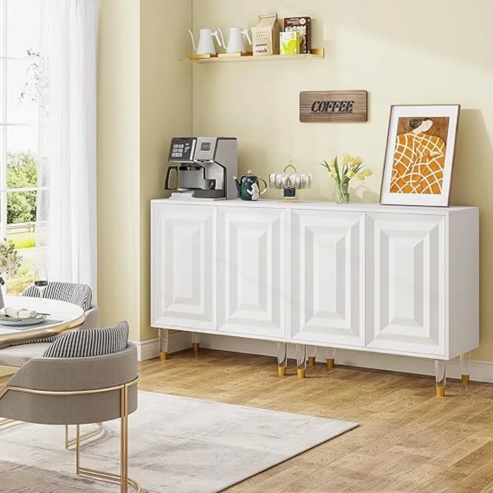 Aparador Buffet, mueble decorativo de cocina moderno de 63 pulgadas con 4 puertas y estantes de almacenamiento, mueble de barra consola