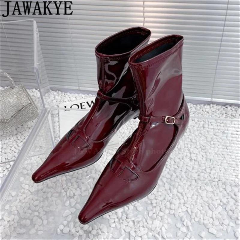 Patent Leather Kitten Heels Elastic Ankle Boots Women Winter Pointy Toe Chelsea Short Boots Autumn Fashion Week Slim Party Boots