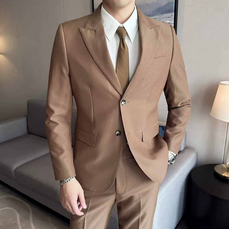 Jacket + Pants 2 Pieces Men\'s Elegant Fashion Slim Fit Suits Formal Business Wedding Tuxedos Casual Gentleman Solid Dress Suit