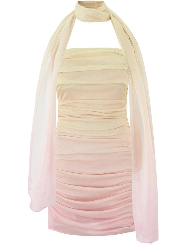 Vestido Curto Estilo Americano com Cores em adiente, Cintura Modeladora, Saia Sexy com Lenço, Vestido de Verão Sem Mangas d...