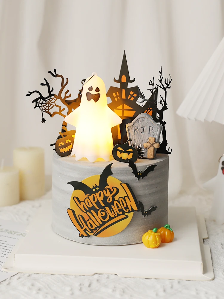 Glowing ghost Happy Halloween Theme Castle Cake Grimace Bat Witch Children Kids Cake Topper Insertion Supplies Decoration view 2