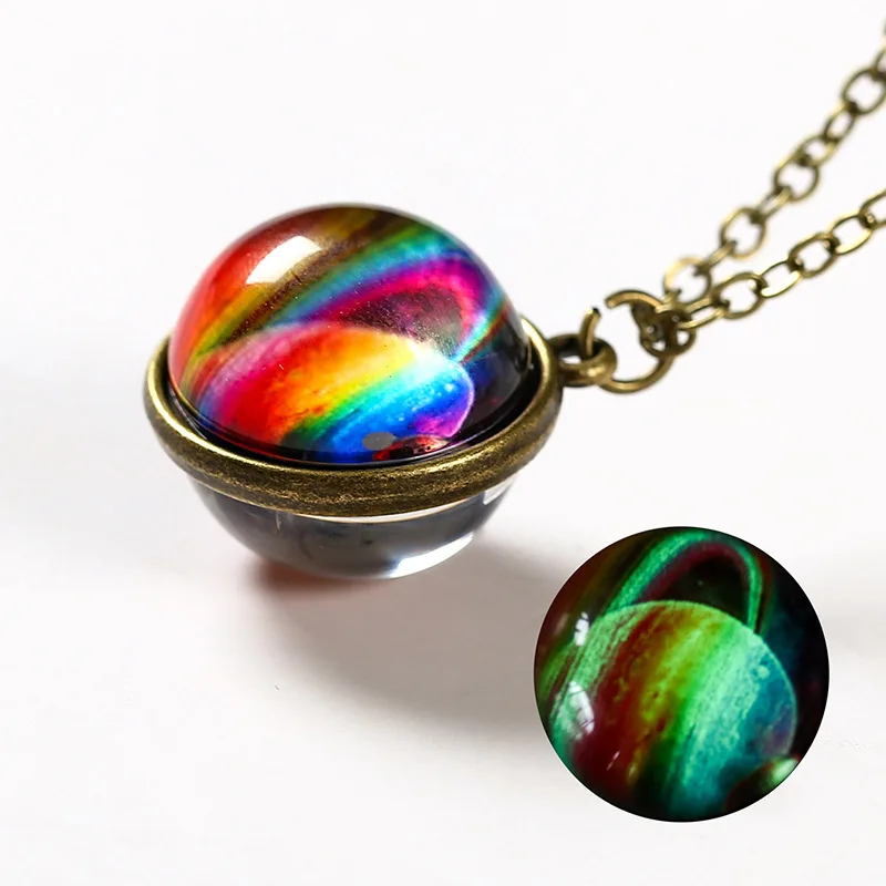 Universe Planet Earth Glass Luminous Double-Sided Retro Pendant Necklace For Women Men Galaxy Nebula Cosmic Art Picture Jewelry