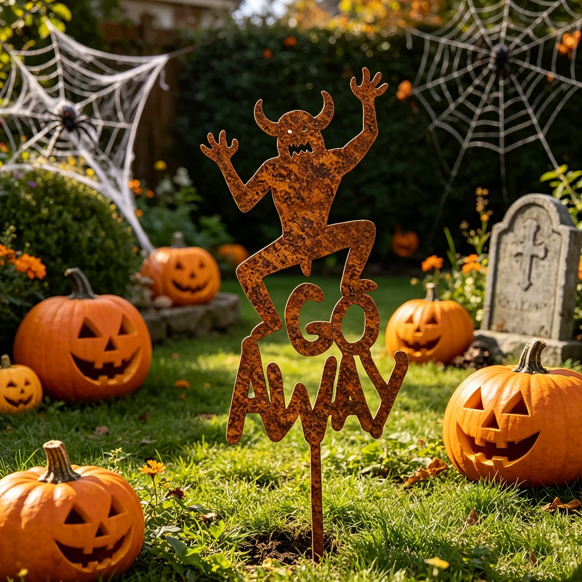 CIFBUY Rusty Metal Devil Garden Stake GOAWAY Text Vintage Erosion Silhouette Plant Pot Decor Outdoor Lawn Yard Art Halloween Par
