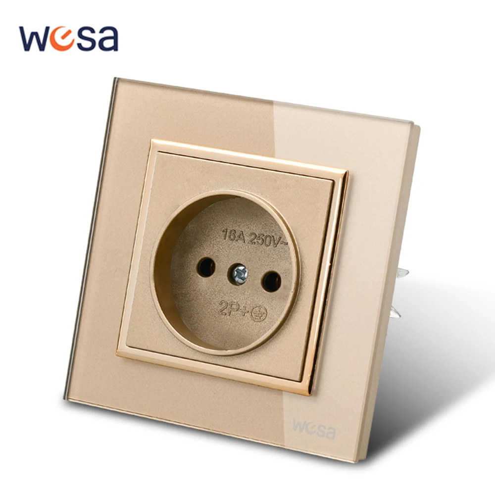 WESA Luxury Crystal Tempered Glass Panel Gold Wall Socket Flame Retardant EU Standard Power Socket Electrical Outlet No Ground