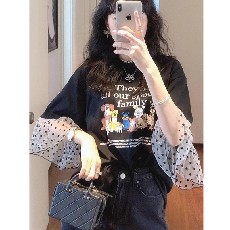 2025 New Arrival Summer Women Casual Cartoon Print Short Sleeve Tops Tees Patchwork Butterfly Sleeve Good Quality T-shirt T07