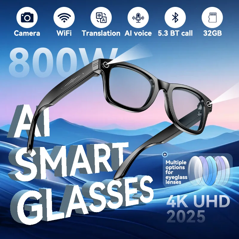 

New Men Camera WiFi Smart Glasses 32GB 800W Pixel 4K UHD Camera Anti Shake Video AI Translation Anti Blue Light Women Glasses