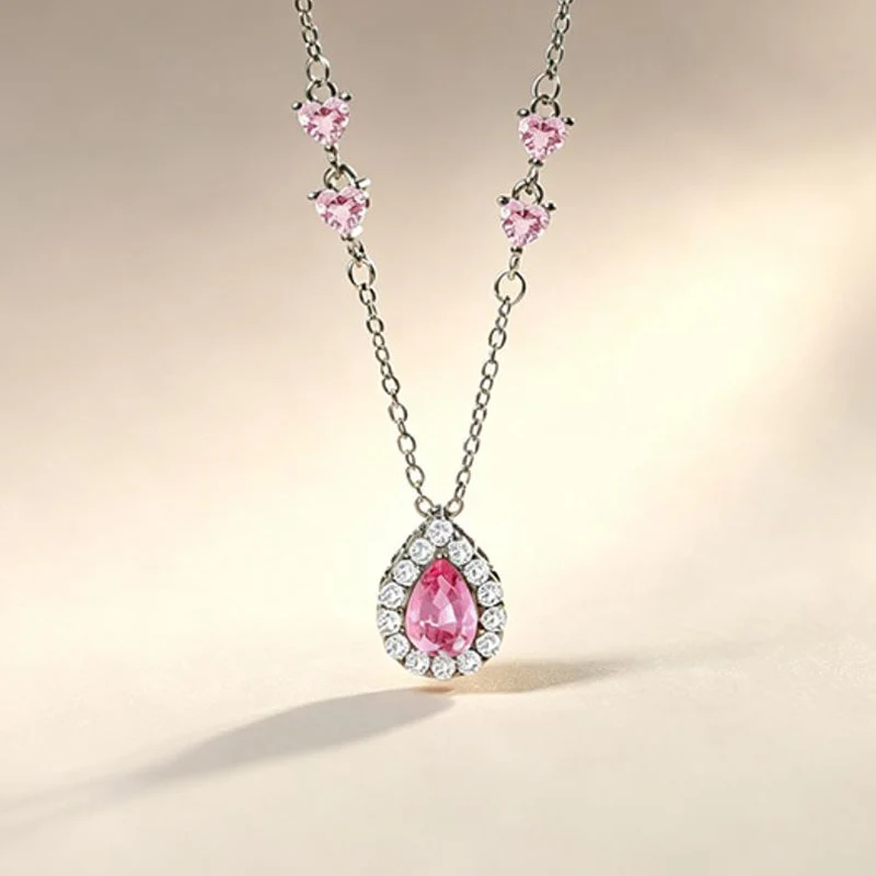 Pink Tear Necklace for Women Sweet Romance Water Droplet Zircon Collarbone Chain Fashionable and Versatile Pendant KOFSAC