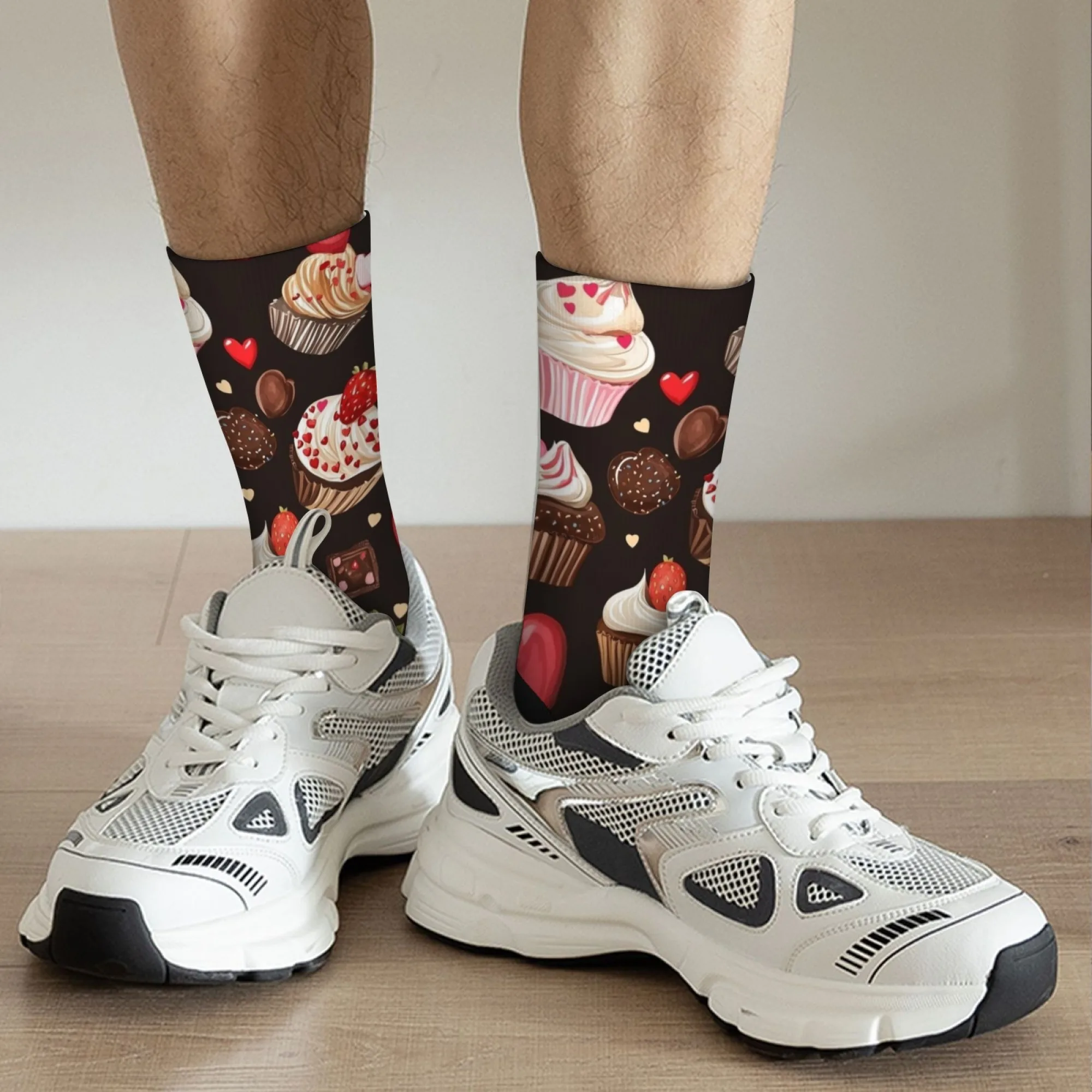 1 par de calcetines de moda para parejas con temática gourmet, cómodos y transpirables, perfectos para salidas, dátiles, calcetines a media pantorrilla con estampado de postre Retro