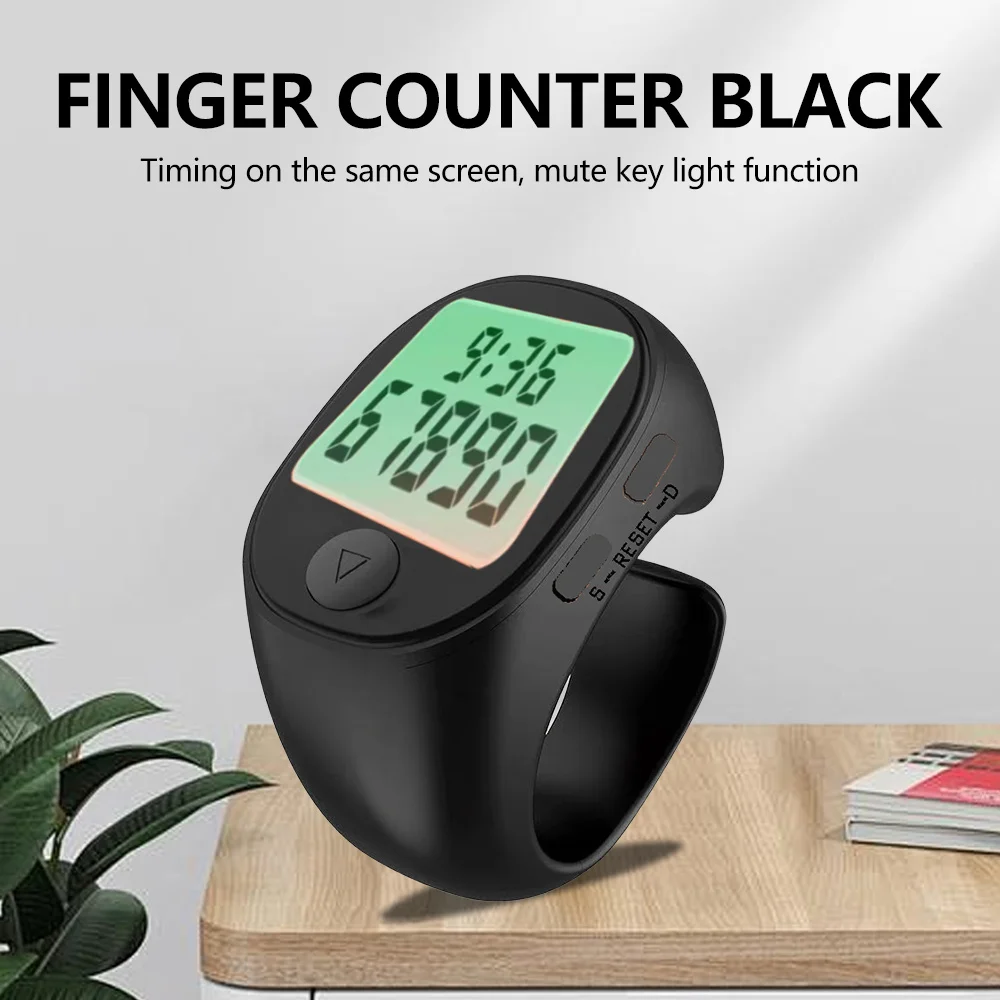 Black and White LCD Full Display Finger Ring Watch Finger Counter Night Light Time Same Screen Mute Button Counter