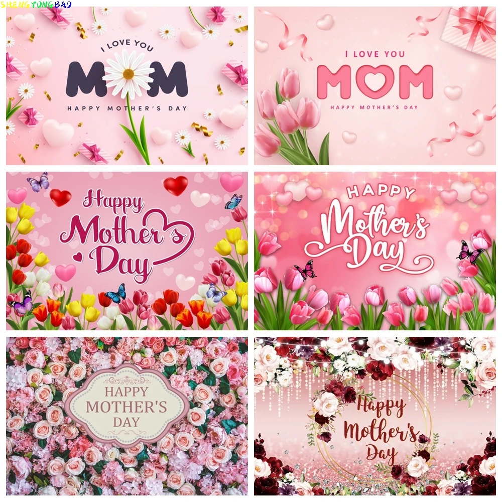 

Happy Mother's Day Backdrop Pink Rose Floral Flower Thanks Mothers Day Women Birthday Photography Background Photo Booth Studio