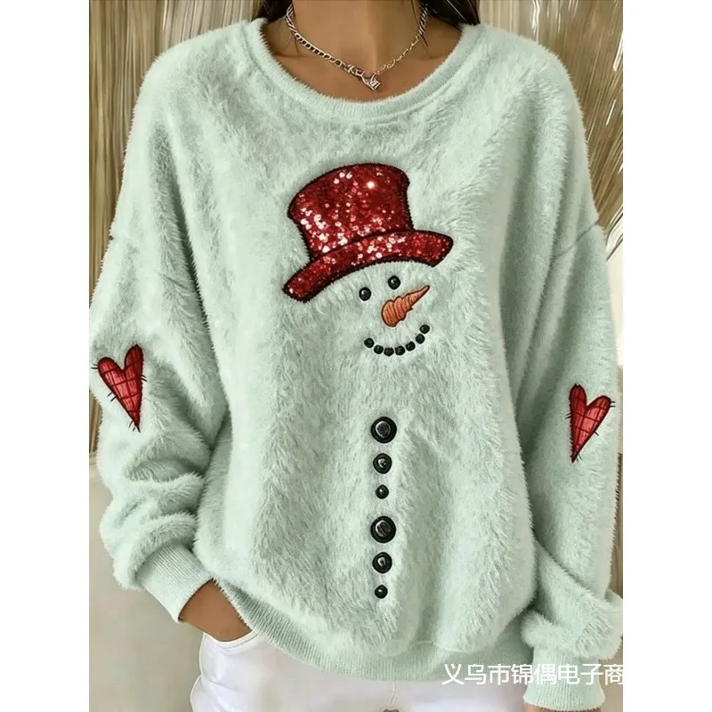 Printed Pullover Hat with Long Sleeve Crew Neck Top in Regular Fit for Women Christmas Theme Elegant Style Long Length T Shirts