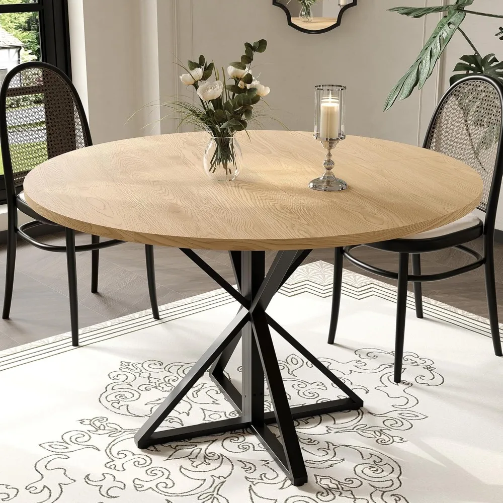 

47 in Round Dining Table for 4, Wooden Circle Dinner Table, Heavy Duty Metal Pedestal & 4 Parts of Tabletop, Round Pedestal Kitc