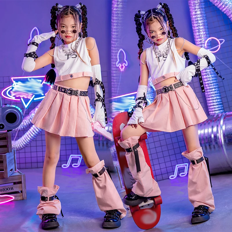 

Kpop Одежда для джазовых танцев для девочек, наряд для выступлений на сцене, розовый, белый цвет, модный танцевальный костюм, детская уличная одежда в стиле хип-хоп AMY2456