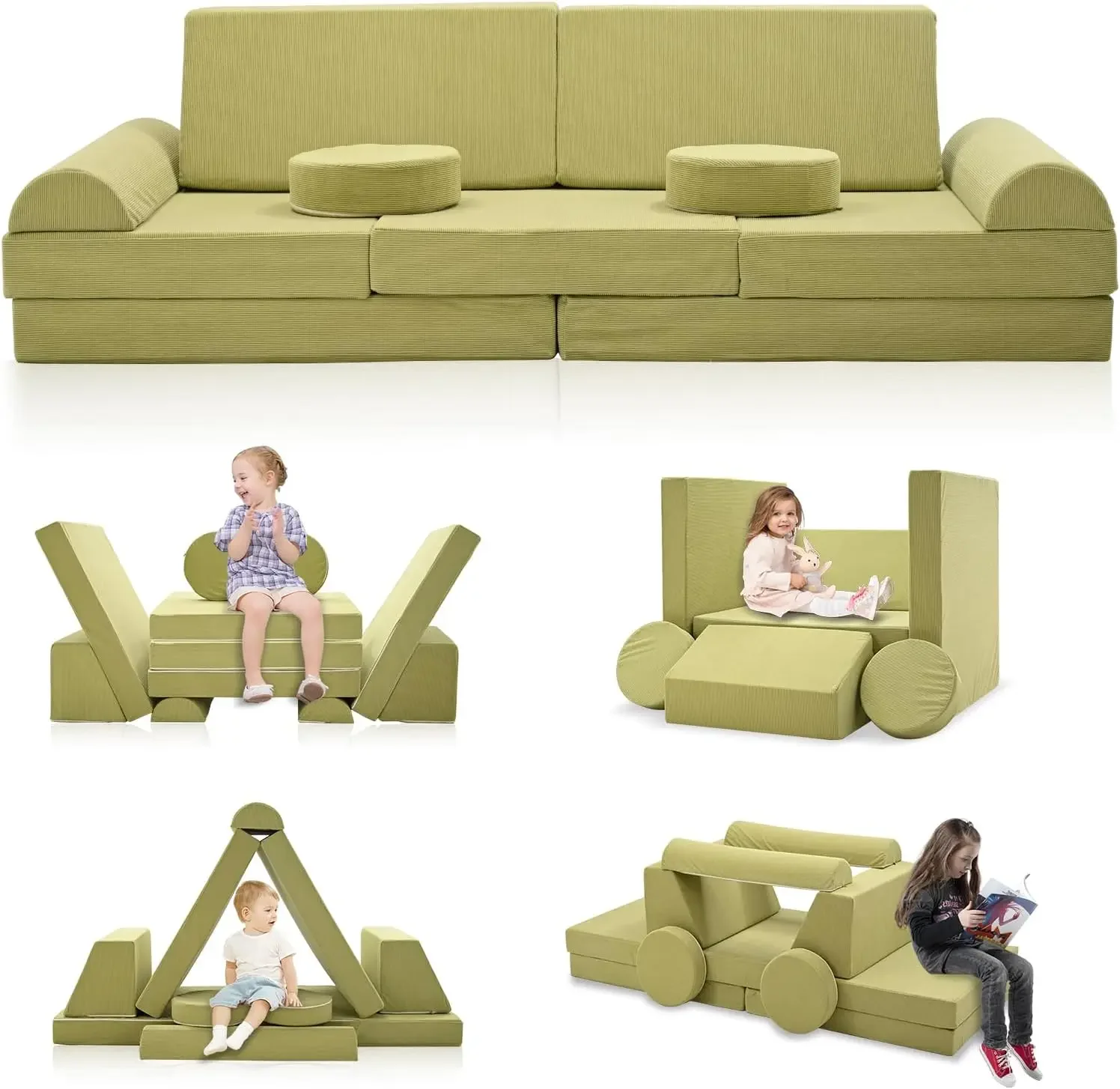 Corduroy Modular Kids Play Couch Set, 11pcs Kids Couch for Playroom and Bedroom, Soft Foam Toddler Couch, Child Sectional Conver