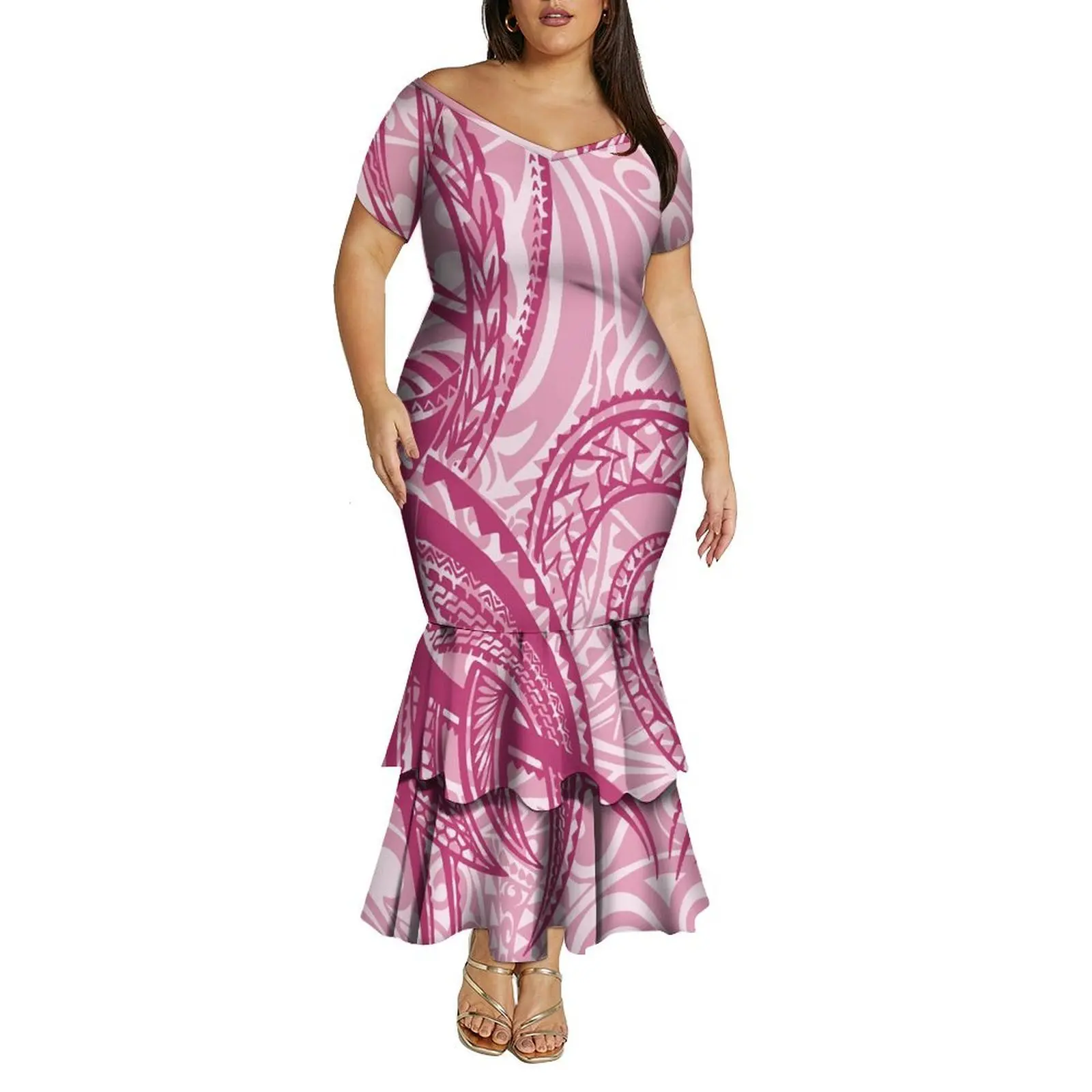 Custom-Made Polynesian Lady'S V-Neck Off-The-Shoulder Double-Layered Skirt With A Fishtail Skirt Exudes A High-End Floral Print