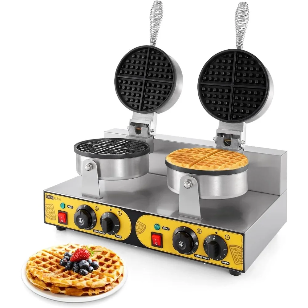 

Waffle Maker Double Heads 110V 2400W Non-stick Round Stainless Steel Waffle Iron Machine for Restaurant Bakeries