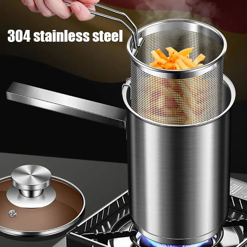 3pcs/set Fryer Pot with Basket and Lid Large Stainless Steel Deep Fryer Pasta Strainer Basket Chicken Fried Food Strainer