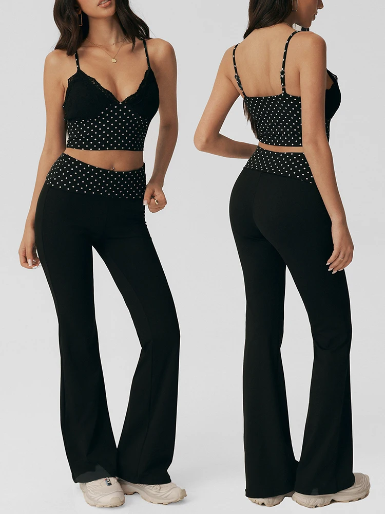 Womens Yoga Suit 2 Pce Polka Dot Lace Trim Cami Top Spaghetti Strap Slim Crop Camisole  Fold Over Waistband Flared Pants Elastic