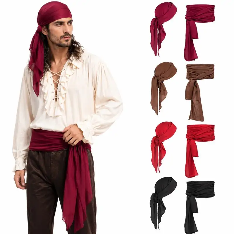 Pirate Head Scarf And Waist Sash Set Medieval Bandana Long Tail Headband Waist Belt For Men Women Halloween Cosplay Fancy Outfit