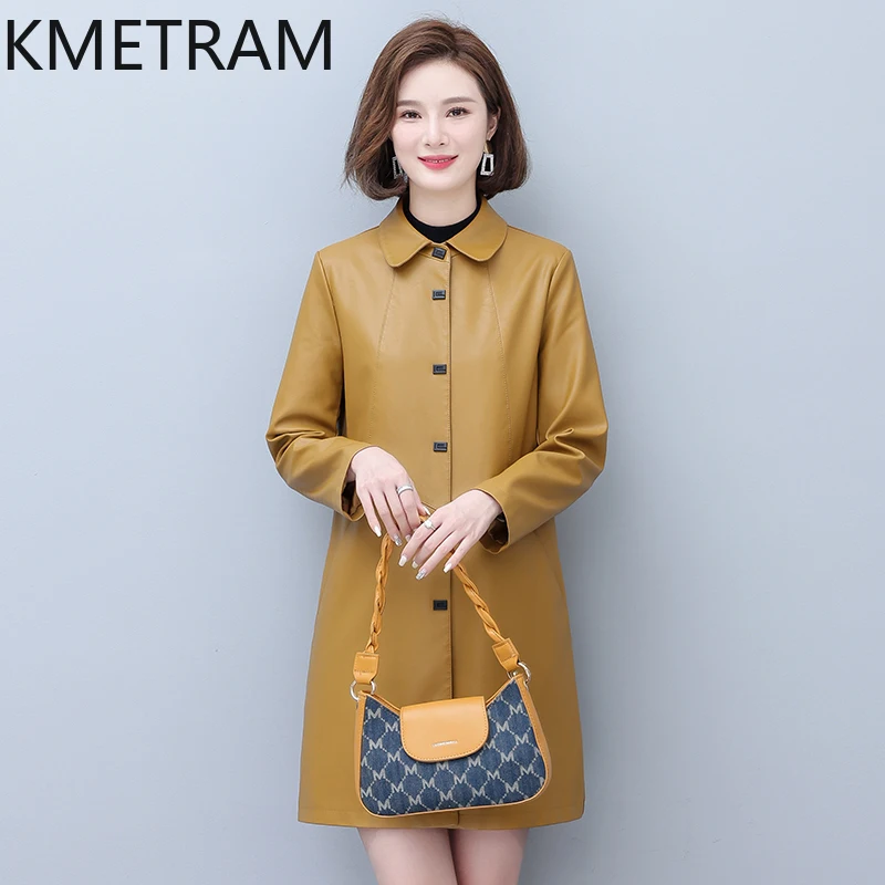 KMETRAM-Veste mi-longue en cuir de mouton véritable pour femme, vêtements coréens polyvalents, coupe couvertes, automne 2024