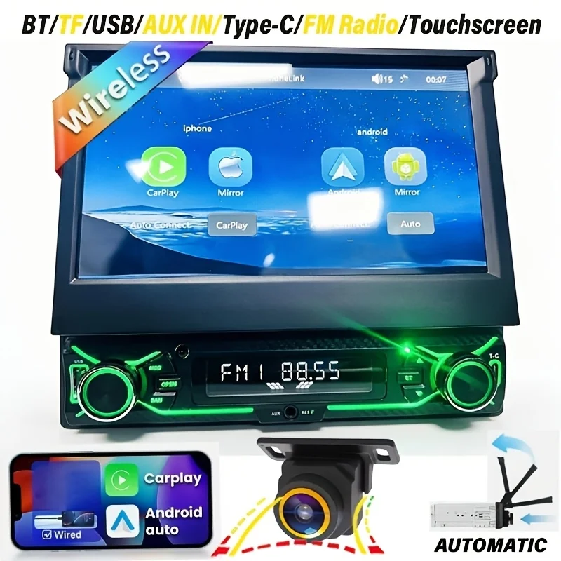 1 Unit 7-Inch Motorized Flip-Out Touchscreen Car Stereo, Wired Car Player Mirror Link with BT, Support USB/TF Card/Aux In/Type-C