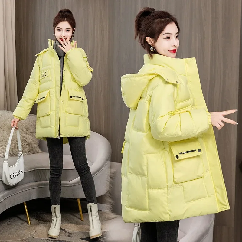 

Polychrome Women's Jacket Winter Pockets Spliced Hooded Casual Medium Long Styles Coat Loose Thick Fashion Warm Hooded Parkas