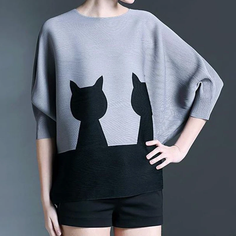 

Spring New Women's Round Neck Loose Spliced Cat Mid Sleeve Elastic Print Top blusas mujer de moda 2023