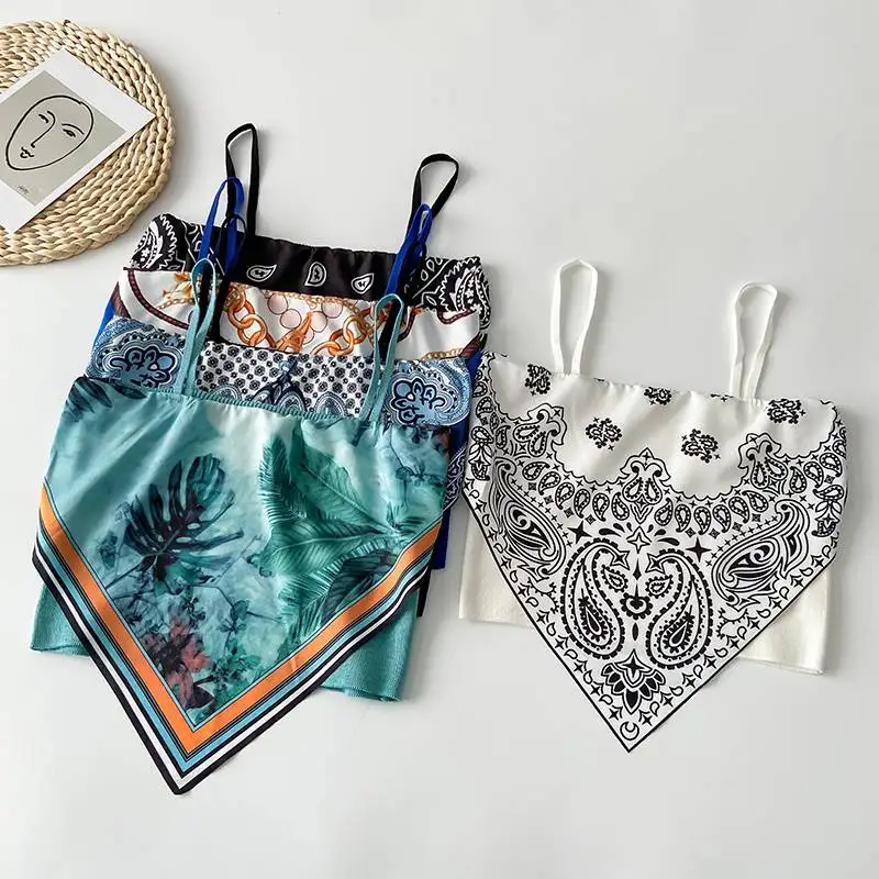 Women Summer Ethnic Style Printed Tank Top Irregular Hem Seaside Sweet Spicy Outer Wear Inner Tube Top Sexy Elastic Rib Crop Top