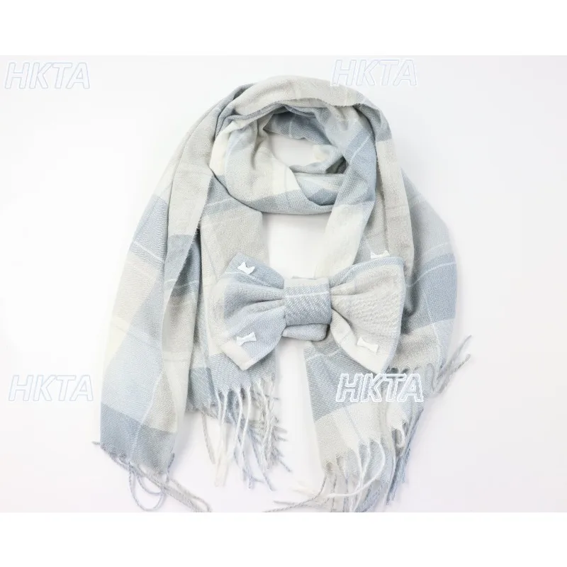 

Клетчатый шарф в японском стиле, шаль, имитация кашемира, бант с кисточками, милая теплая шаль, универсальные женские шарфы в стиле Лолиты, милые шарфы для девочек