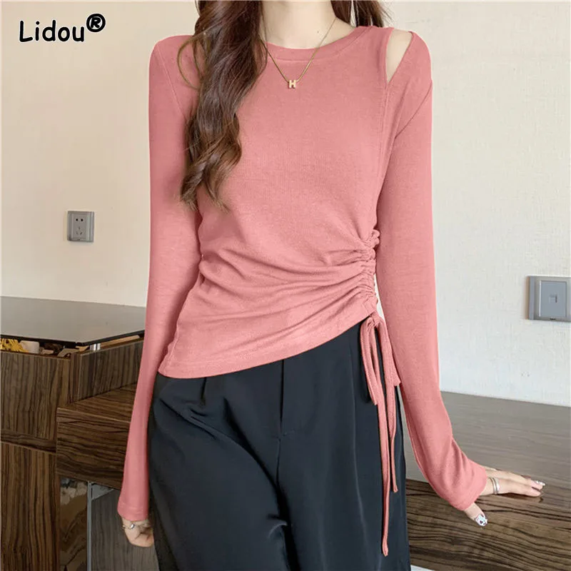 

Slim Cotton Multiple Colors Bare Shoulder T-Shirts O-Neck Pleat Lacing Strap Women's Clothing Korean Trend Leisure Basic Top