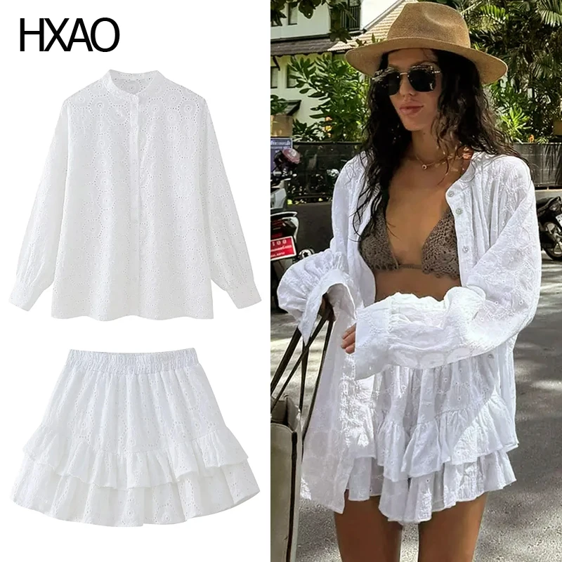 

HXAO White Skirt Set Women's Suit Long Sleeve Tops Hollow Mini Skirt Set Summer Woman 2 Pieces Elegant Stylish Women's Blouse