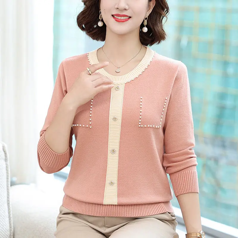 Women's Clothing Solid Color Round Neck Rivet Pullover Sweater Knitted Long Sleeve Embroidered Flares Casual Spring Autumn Tops