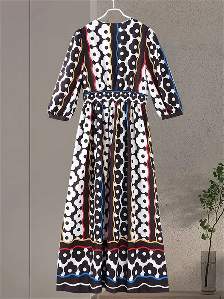 Printed Maxi Dress Women Vintage Long Puff Sleeve V Neck Lady A Line High Waist Dresses 2024 Newest Summer Autumn Street Vestido