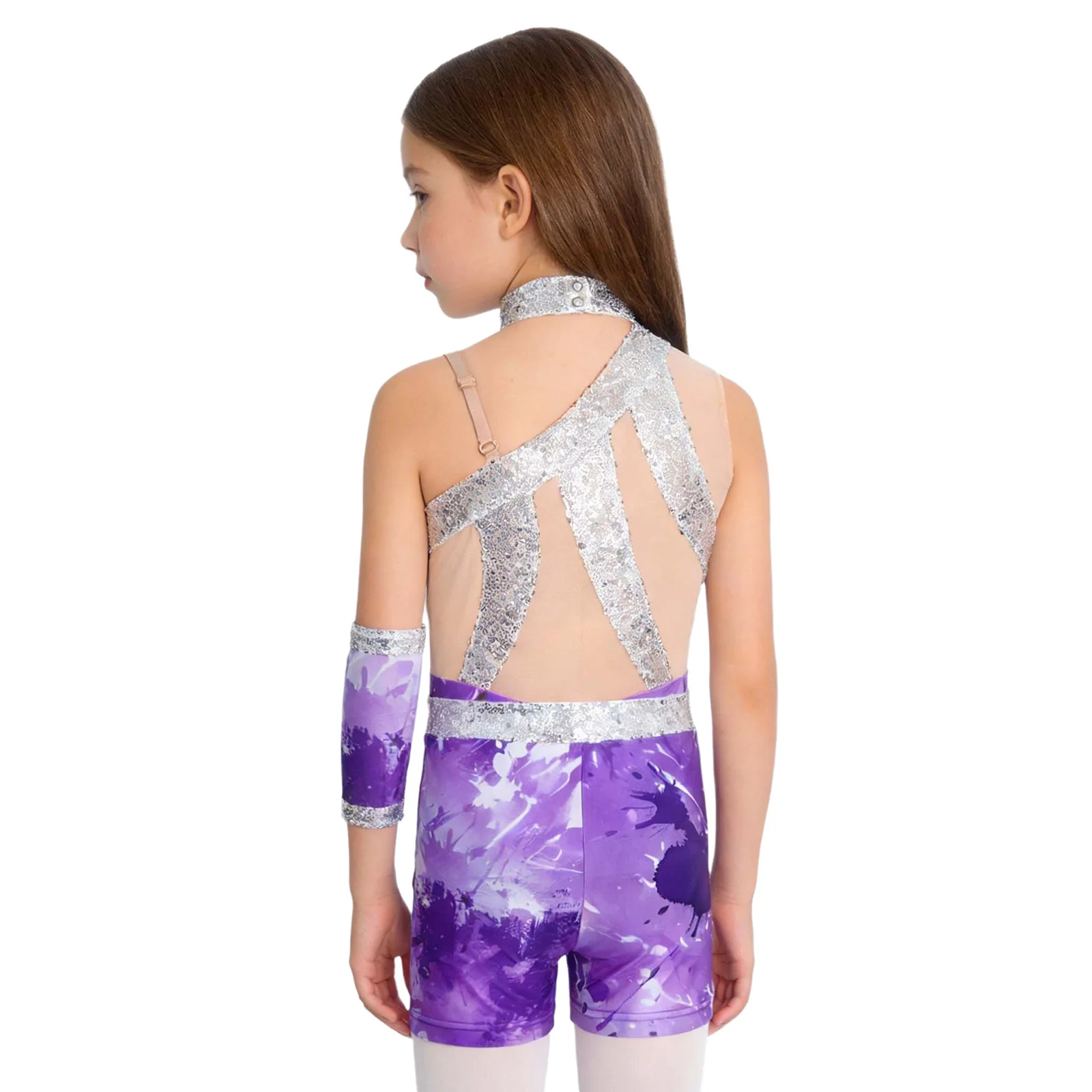 

Kids Girls Figure Skating Gymnastics Leotard Performance Costume Sequin Print Sleeveless Ballet Dance Unitards with Shorts Glove