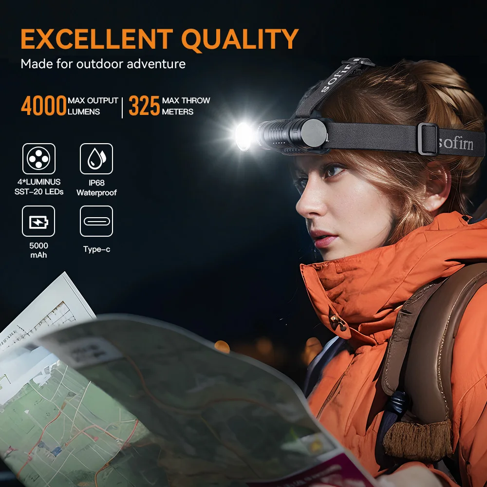 

SOFIRN HS41 Headlamp 4000lm Spotlight Floodlight 21700 USB C Rechargeable Flashlight SST20 LED Powerful Torch with Magnet Tail