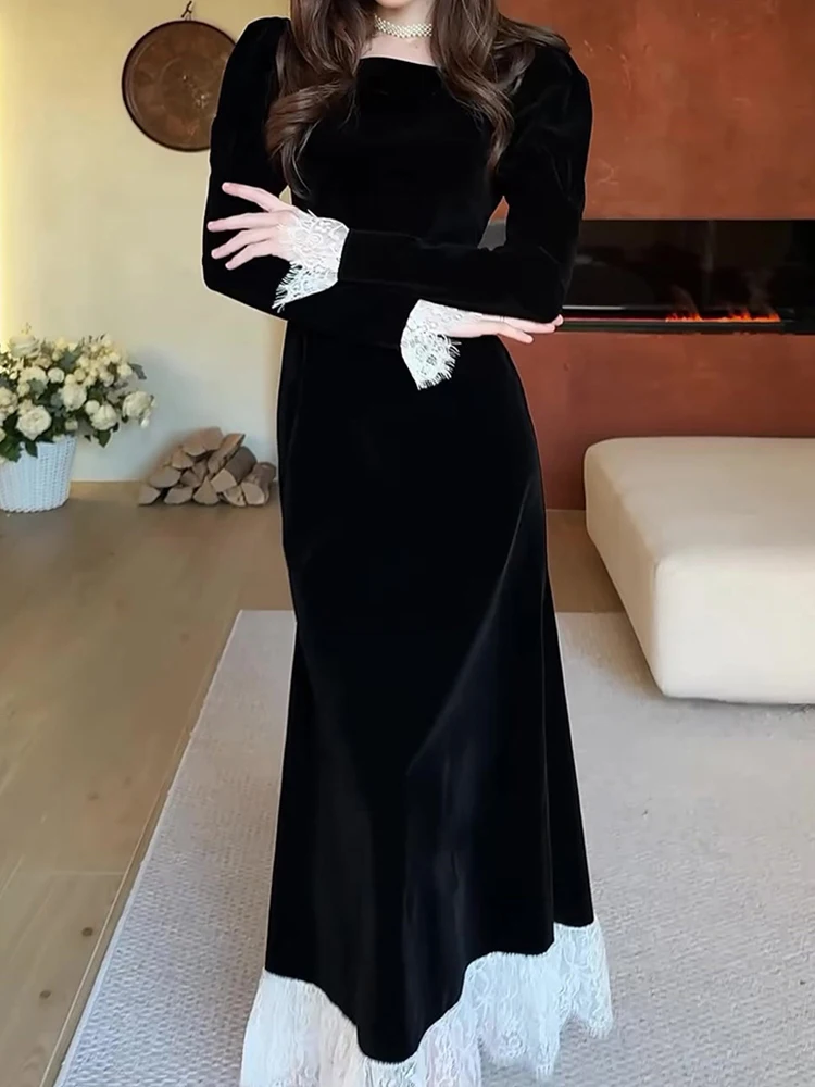 

Элегантное бархатное платье с длинными рукавами и высокой талией, осеннее платье с запахом бедер, платье «рыбий хвост», темпераментное кружевное вечернее платье с цветными блоками