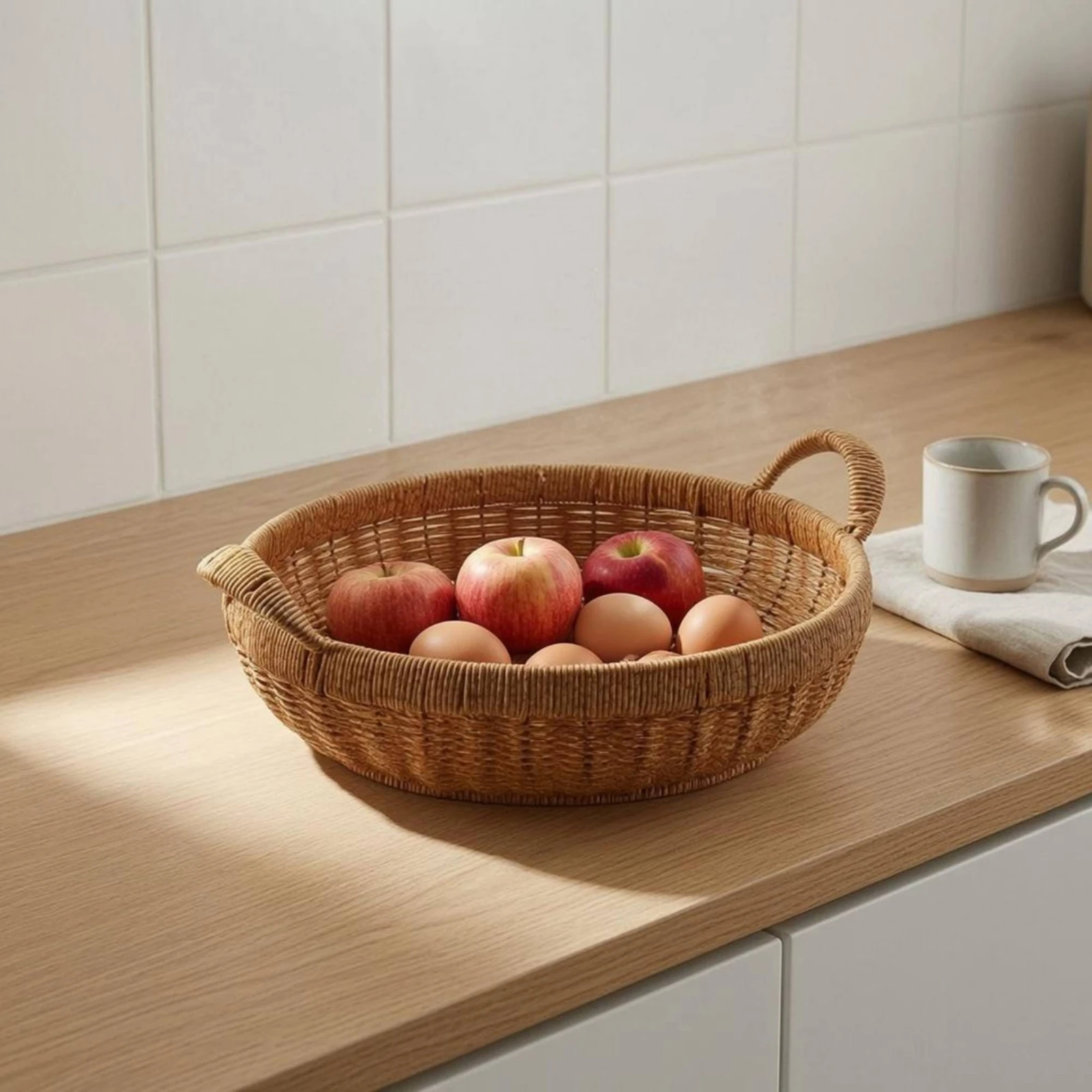 

Woven Plastic Basket Handwoven Look Handled Storage Basket Round Raised Rim for Household Use