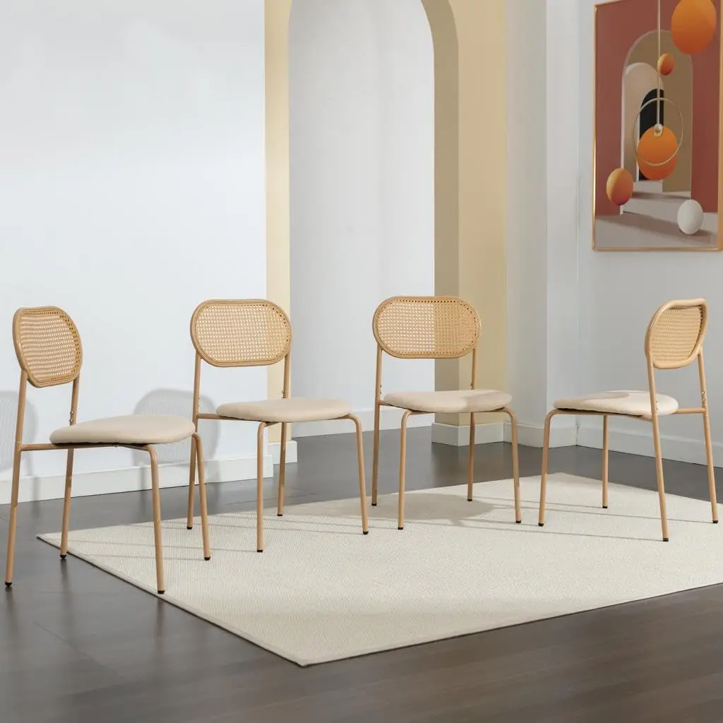 

Boho Dining Chairs Set of 4 with Rattan Back, Upholstered Cane Seats, Metal Legs - Perfect for Dinner, Living Room
