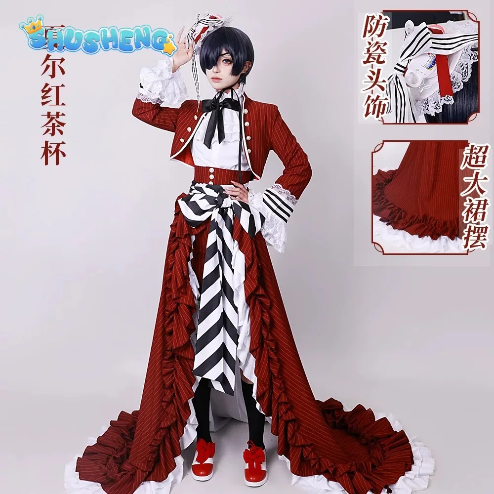 

Ciel Phantomhive Black tea cup Cosplay Costume Anime Black Cos Women Butler sexy dress hat mask sock coat Halloween uniforms