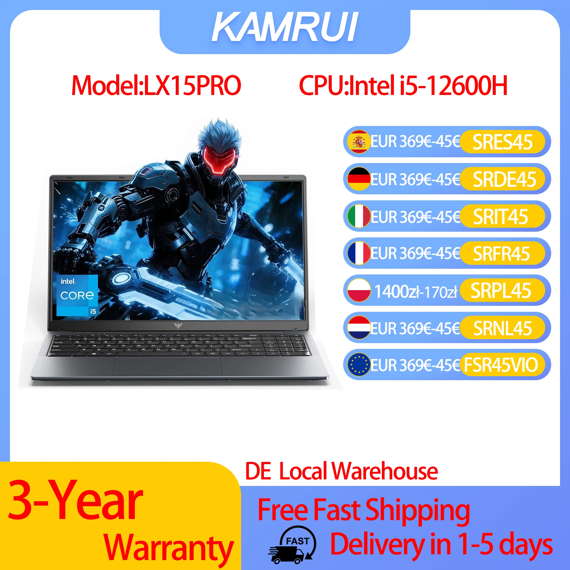 Laptop do gier KAMRUI 15.6 z procesorem Intel Core i5 12600H, 16 GB pamięci RAM DDR4, dyskiem SSD o pojemności 512 GB, WiFi 6, systemem Windows 11, komputer do edycji wideo.