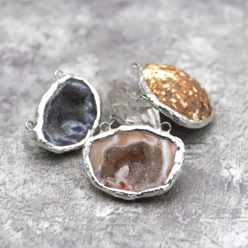 1Pcs Tin Soldered Pendant Free Form Top Double Bail Handmade Geode Agate Semi-precious Stone Approx 35x27mm Jewelry