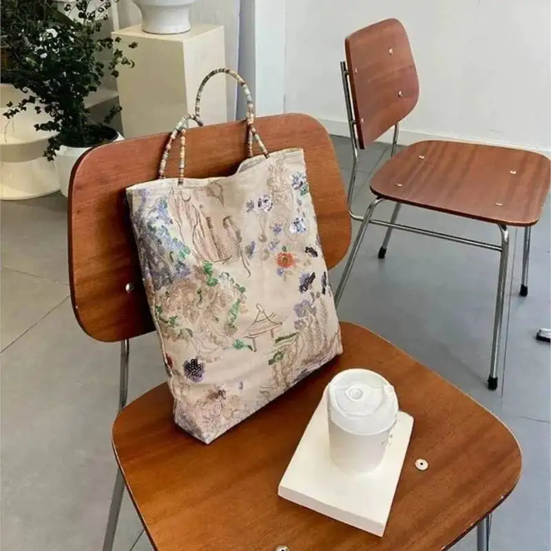 Floral Canvas Handbag Women Large Capacity Sequined Embroidery Shoulder Ladies Landscape Pattern Elegant Tote Bag