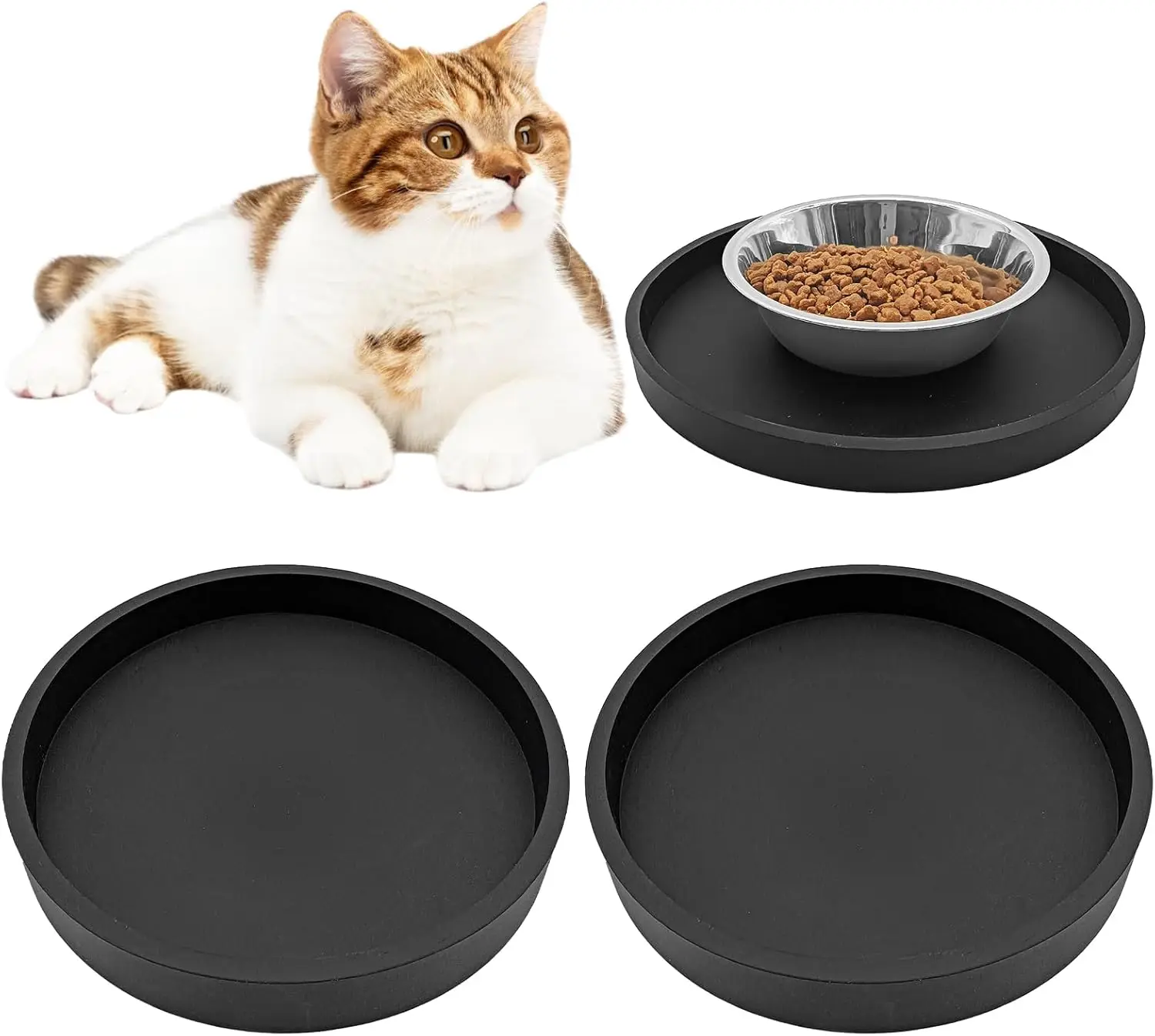 

2 Pack Cat Feeding Mat Pet Silicone Food Mat Black Dog Feeding Mats for Food and Water Nonslip Waterproof Feed Mats Round