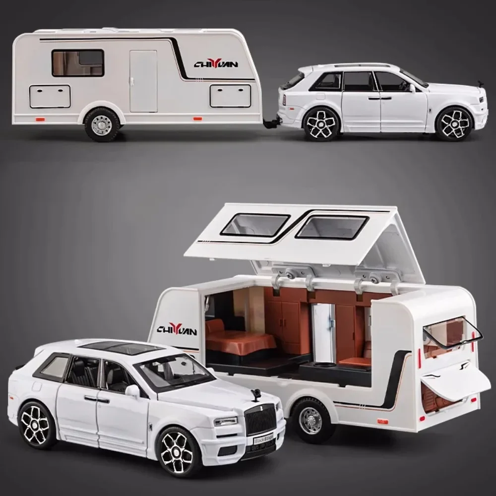 1/32 Car Toy Model Rolls Royce Cullinan SUV Alloy Travel Trailer Models Simulation Diecast Metal Vehicles Sound Light Child Gift