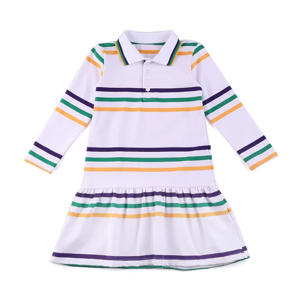 Mudbala Mardi Gras Apparel Classic Striped Purple Green Yellow Kids Girls Polo Dresses Sibling Matching Boys Polo T Shirts