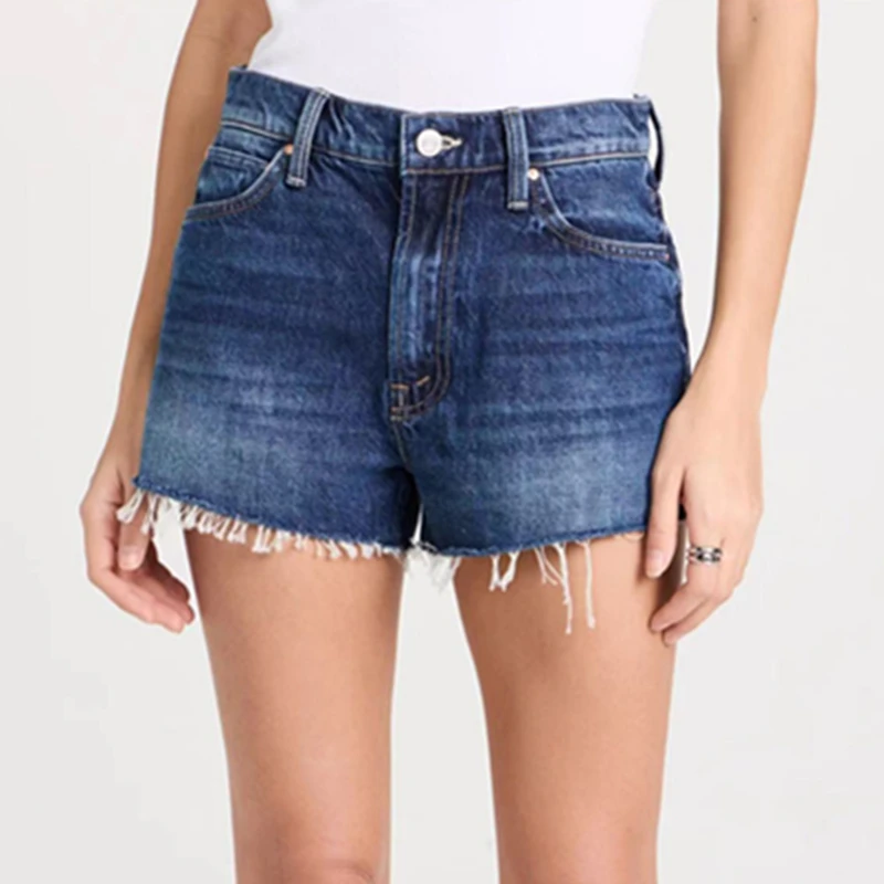 

Maxdutti High Street Denim Blue French Fashion Burrs Washed Denim SHorts Summer Bermuda Women's Shorts Woman Clothes Clothing