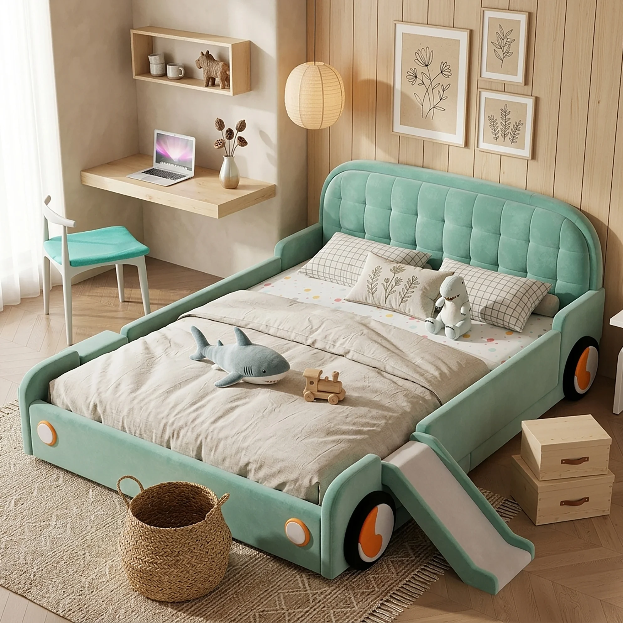 Lit en forme de voiture pour enfants, avec toboggan et escaliers, configuration réversible, cadre rembourré en tissu doux, couleur bleu-vert, 140 x 200 cm.