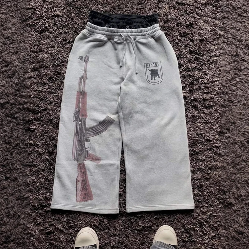 Pantalones informales de calle alta para hombre Y2K, Pantalones rectos Harajuku, pantalones de cintura doble con cabeza de otoño, pantalones con estampado personalizado