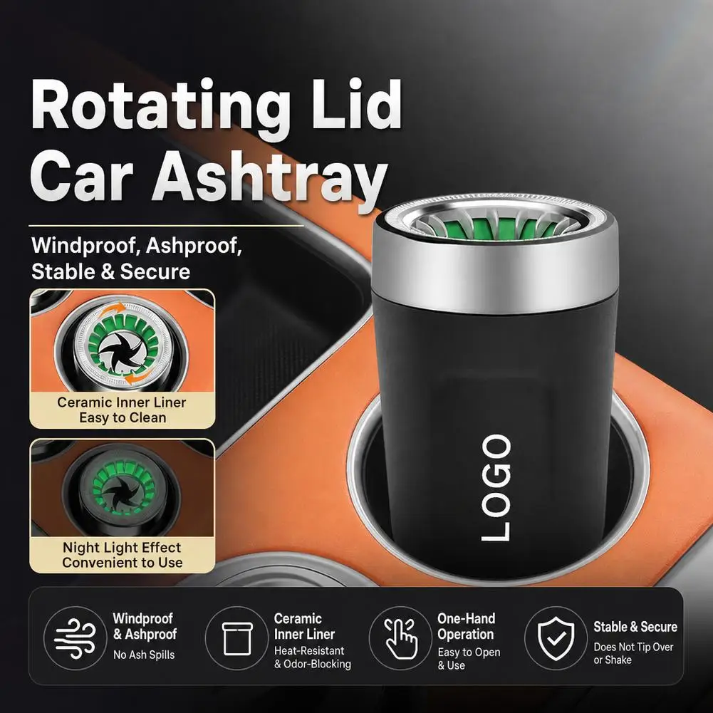 Glow‑in‑Dark Rotating Lid Car Ashtray Ceramic Liner Windproof Anti‑Fly Ash Odor‑Lock Cigarette Ash Tray Car Interior Accessories view 2