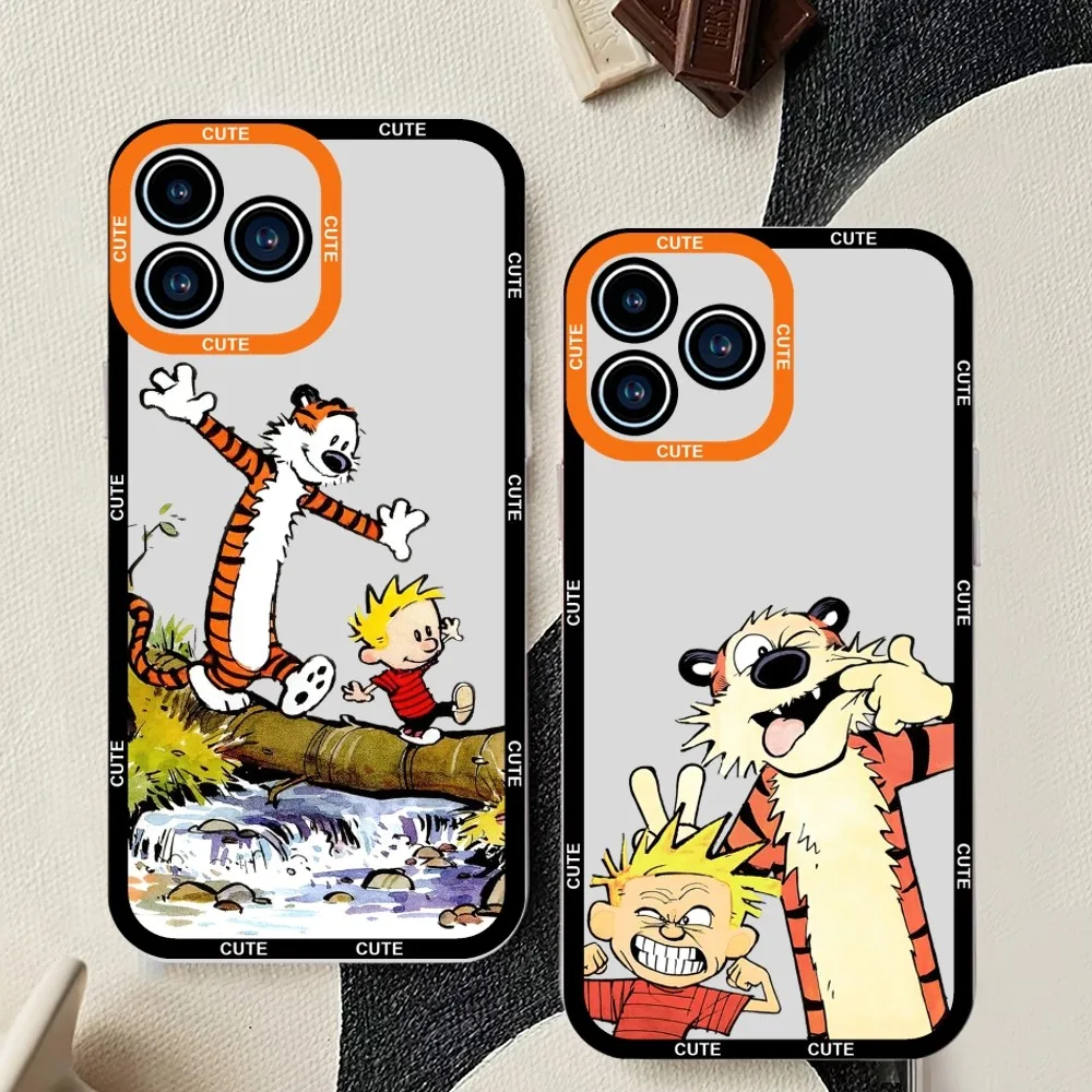 Cartoon C-Calvin and H-Hobbes Cute Phone Case For iPhone 11 12 Mini 13 14 15Pro Max Transparent Shell